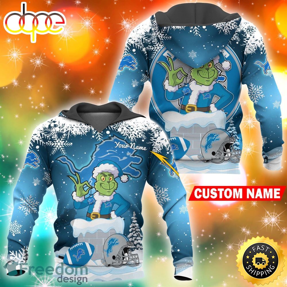 Custom Detroit Lions NFL Christmas Grinch in Chimney 3D Hoodie Pullover Prints Custom Name