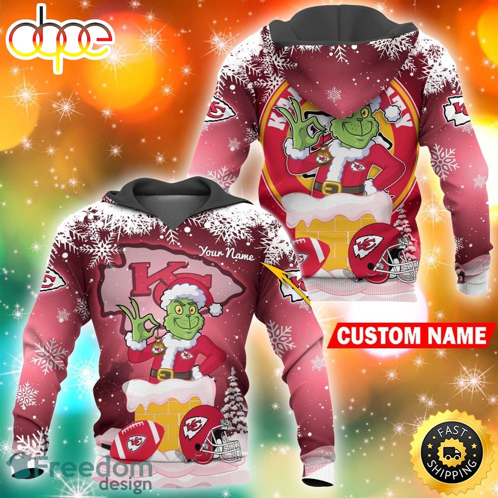 Custom Kansas City Chiefs NFL Christmas Grinch in Chimney 3D Hoodie Pullover Prints Custom Name