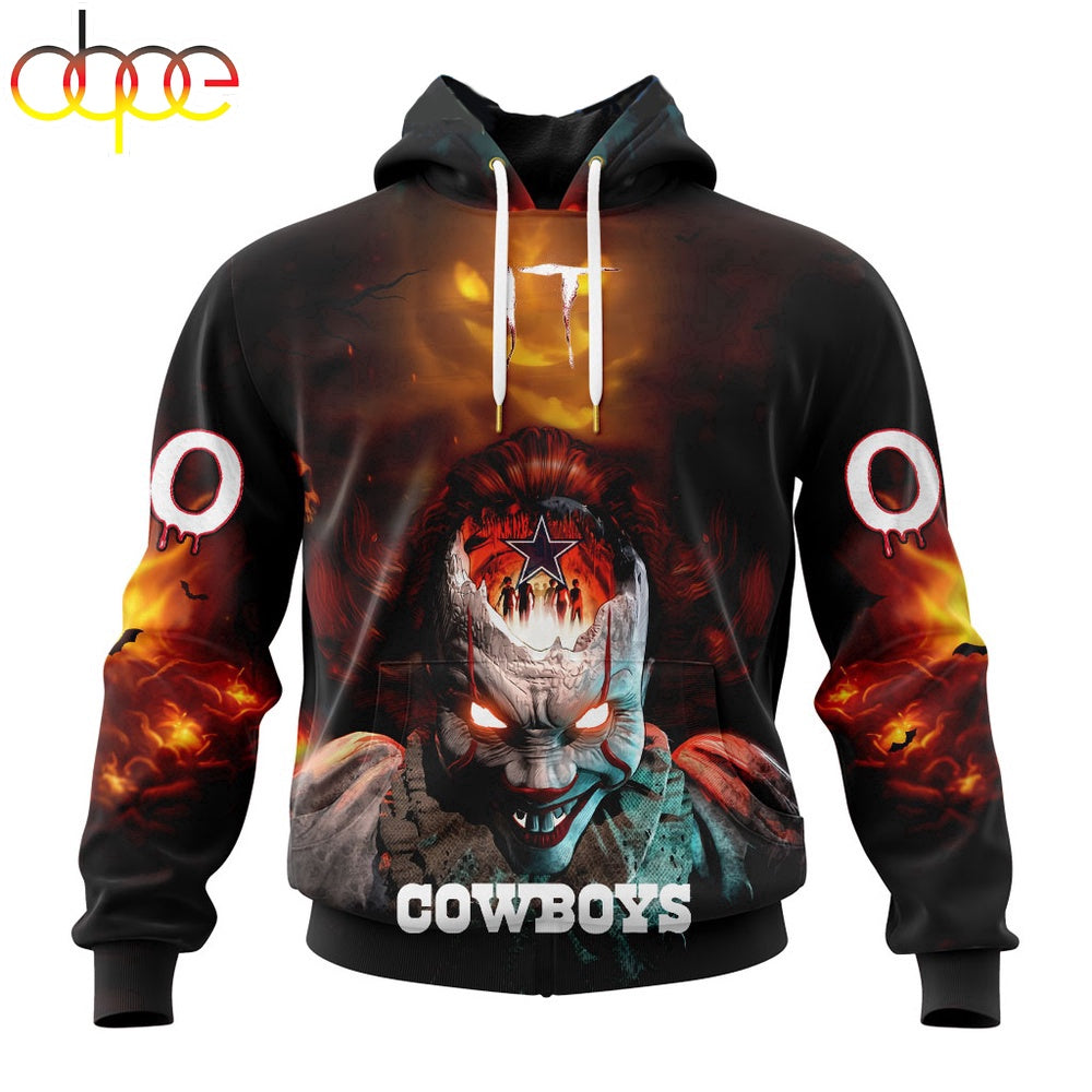 Custom Name And Number NFL Dallas Cowboys Halloween Badut Mematikan 3D Hoodie Shirt