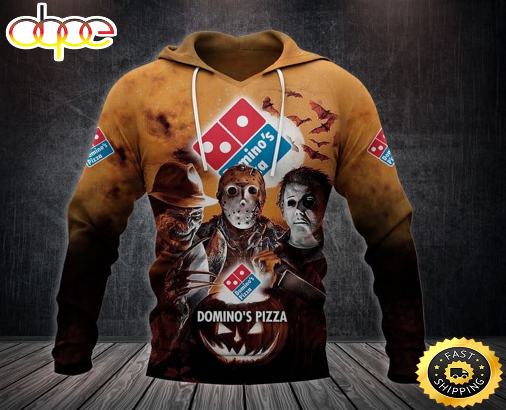 Domino's Pizza With Michael Myers and Freddy Krueger and Jason Voorhees Pumpkin Halloween All Over Print Hoodie