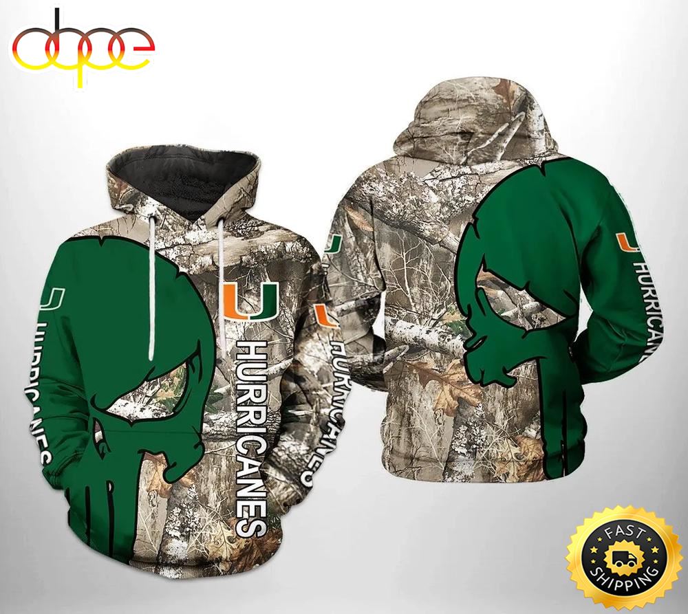 Miami Hurricanes Camo Veteran Hunting and Skull Punisher 3D Hoodie College Baseball Apparel
