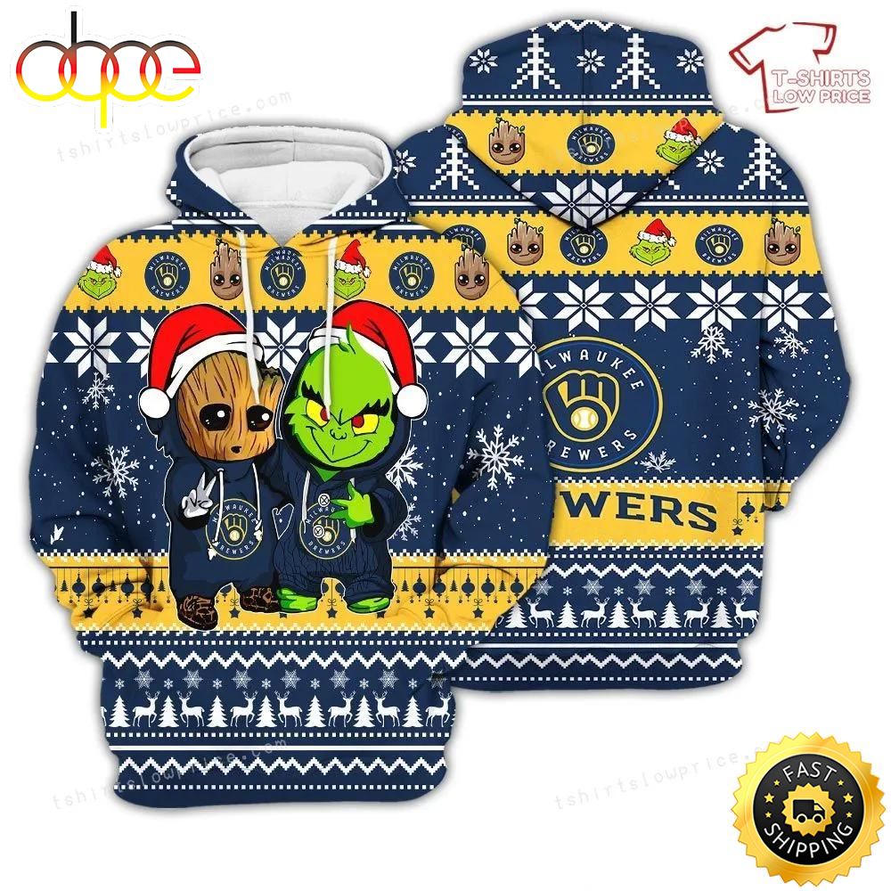 Milwaukee Brewers Baby Groot And Grinch Best Friends Football American Christmas 3D Hoodie