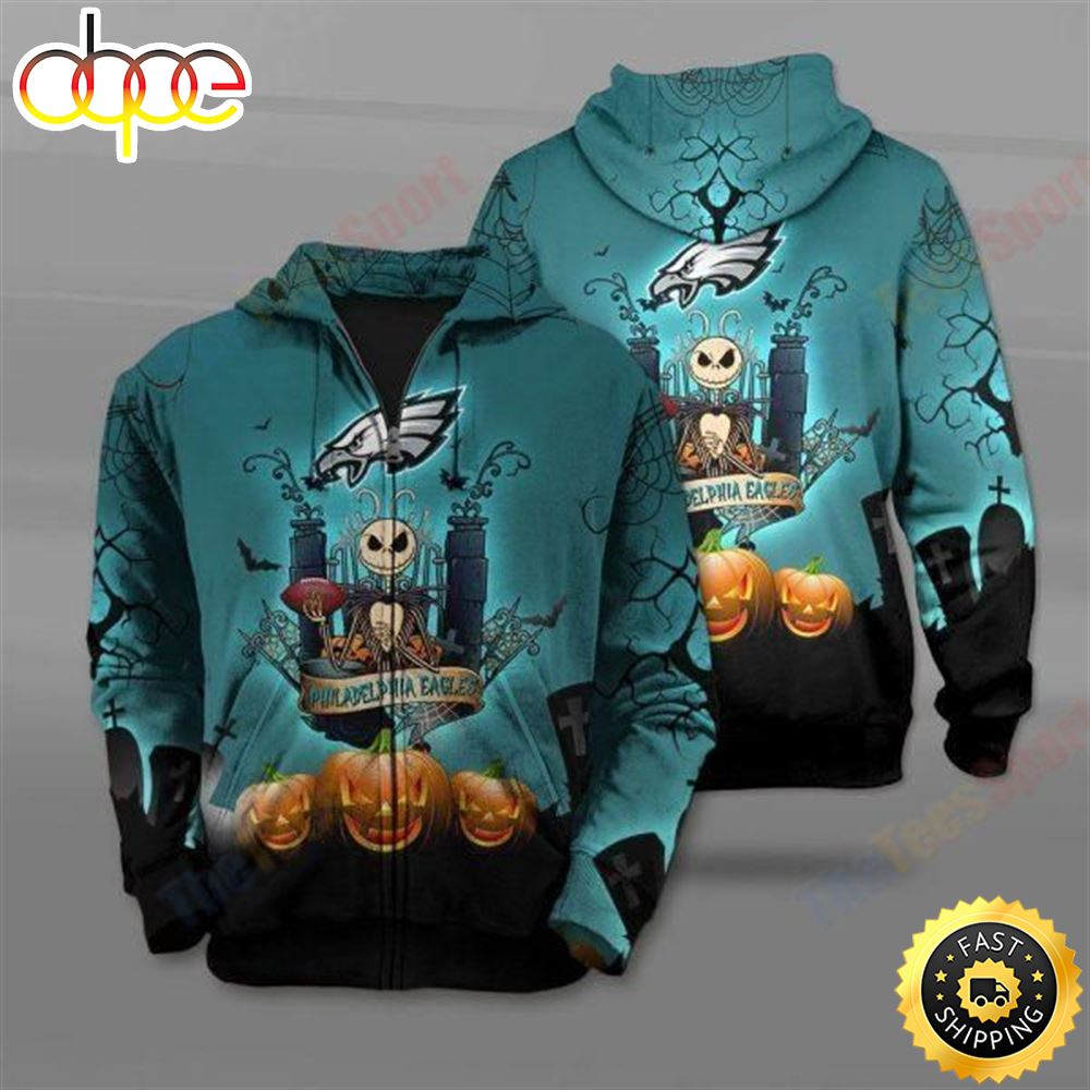Nfl Philadelphia Eagles The Nightmare Before Christmas Jack Skellington 3D All Over Print Zip Up Hoodie Option - Dingeas
