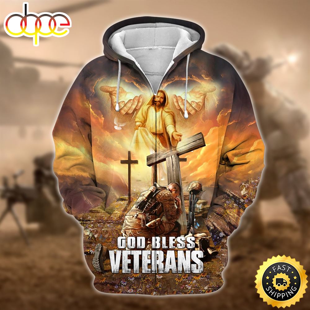 Premium God Bless Veterans Zip Hoodie