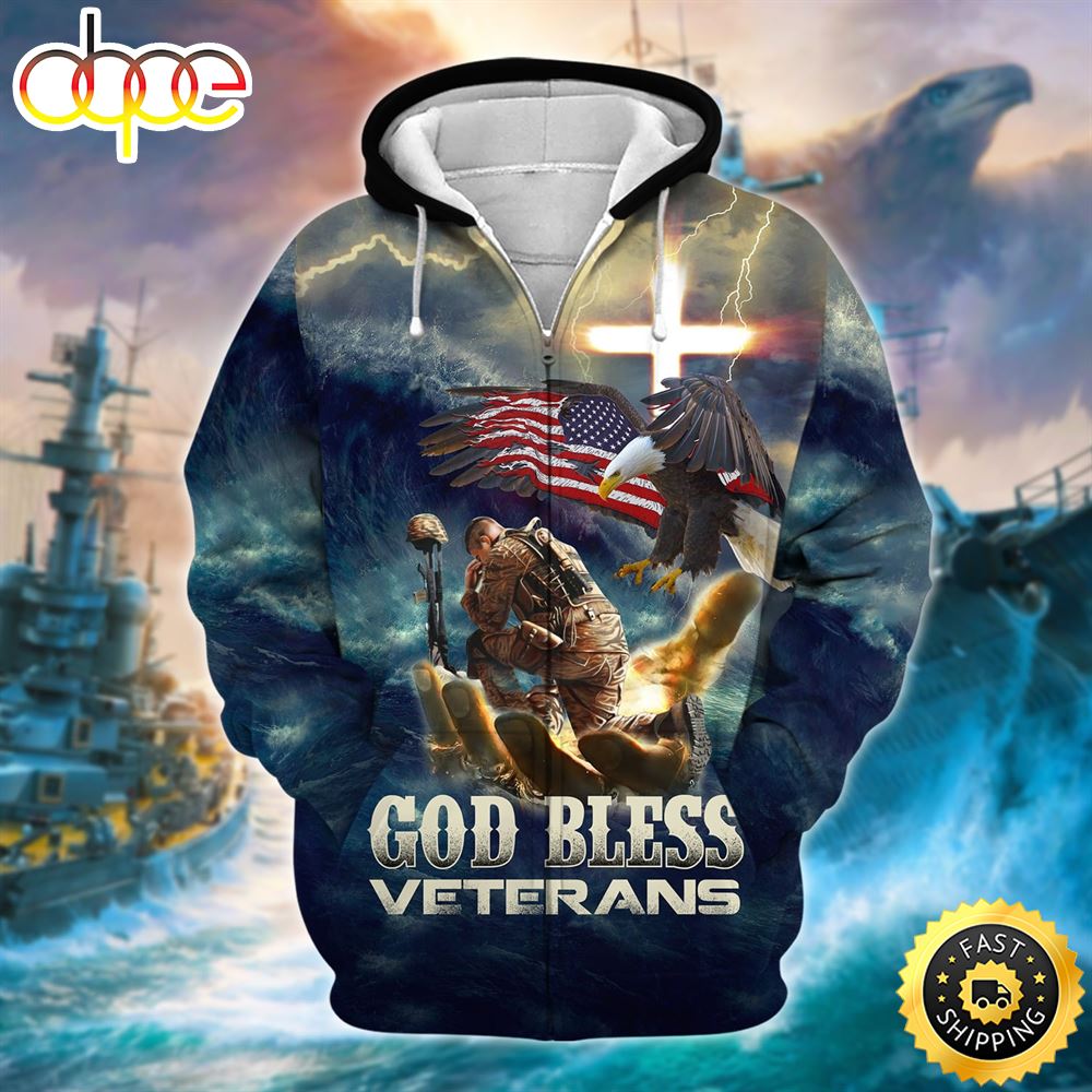 Premium God Bless Veterans Zip Hoodie 3D