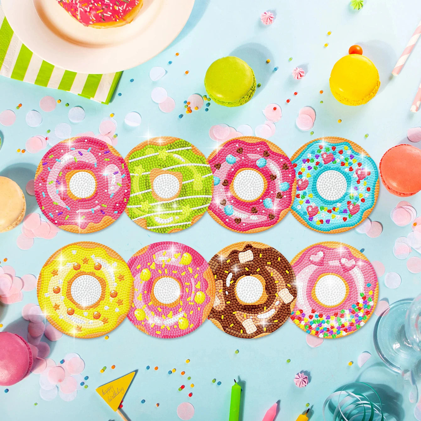 8 pieces/set of donut diamond painting coaster set, DIY coaster with holder for beginners and adults, diamond craft gift
