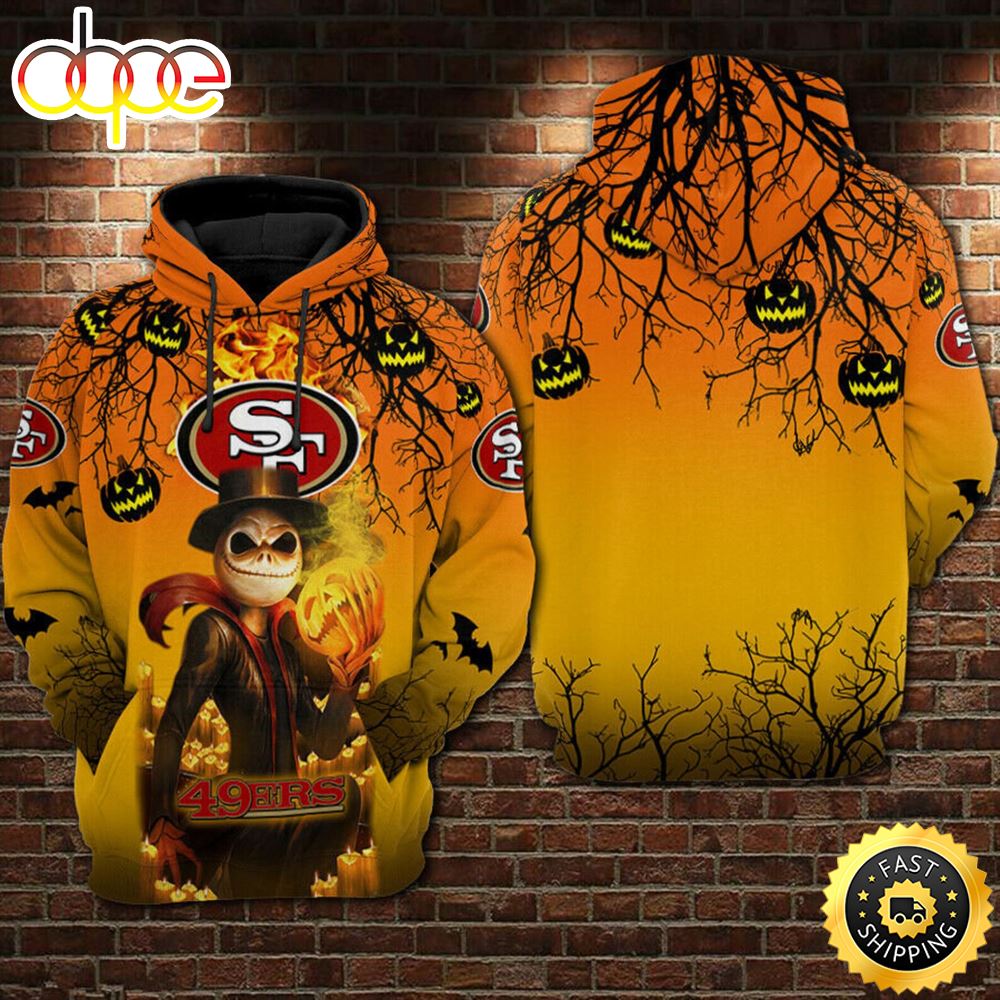 San Francisco 49Ers Nfl Jack Skellington Halloween 3D All Over Print Pullover And Zip Up Hoodie Football Team Apparel - Dingeas