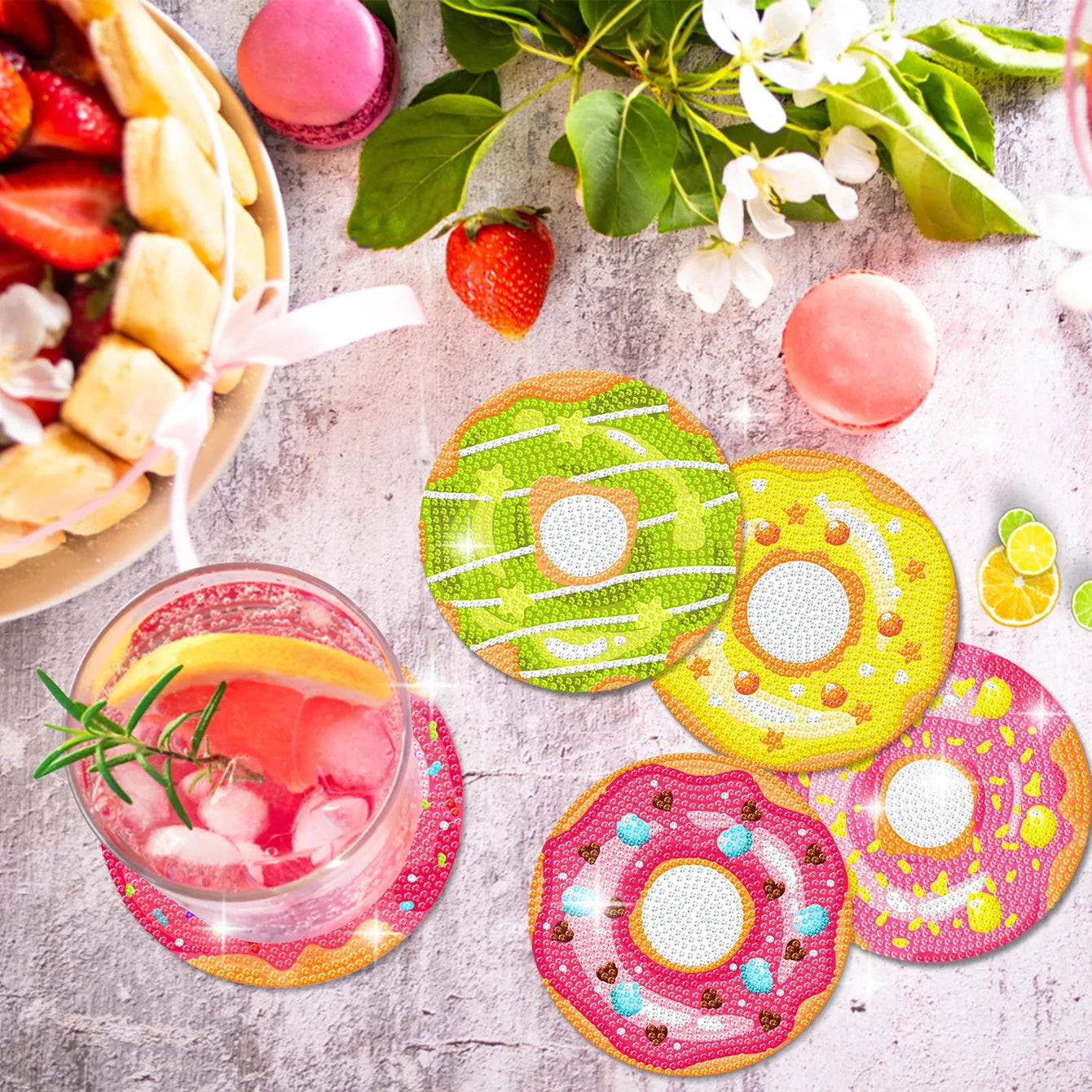 8 pieces/set of donut diamond painting coaster set, DIY coaster with holder for beginners and adults, diamond craft gift