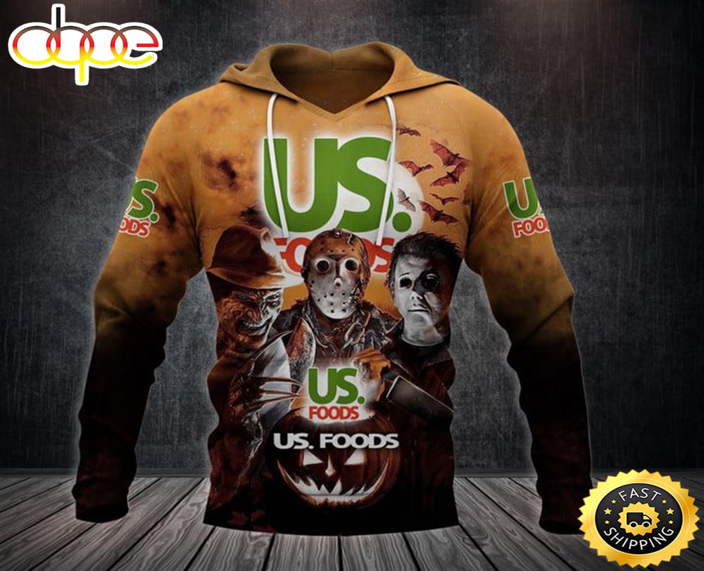 US Foods With Michael Myers and Freddy Krueger and Jason Voorhees Pumpkin Halloween All Over Print Hoodie