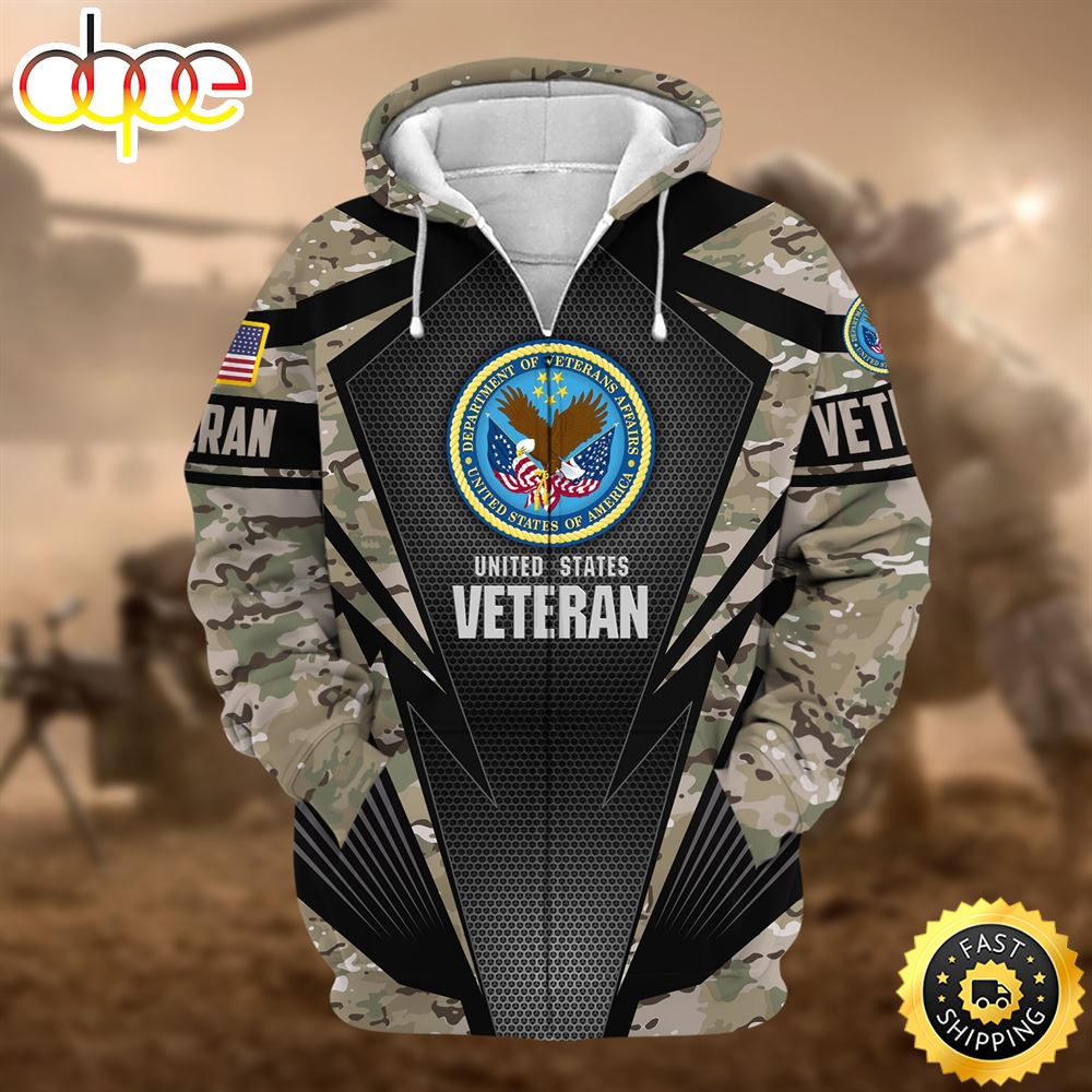 Unique Camo Soldiers Multiservice US Veteran Zip Hoodie