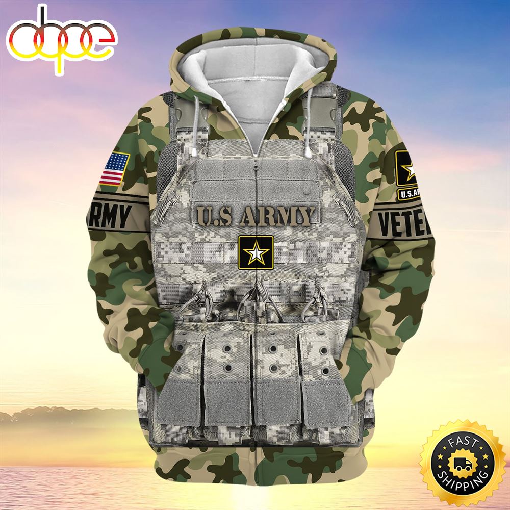 Unique Camo Soldiers Multiservice US Veteran Zip Hoodie N