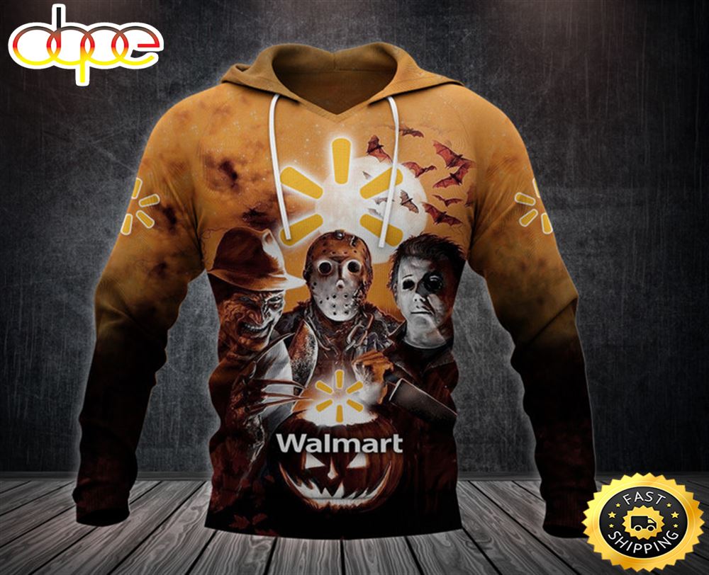 Walmart Logo With Michael Myers and Freddy Krueger and Jason Voorhees Pumpkin Halloween All Over Print Hoodie