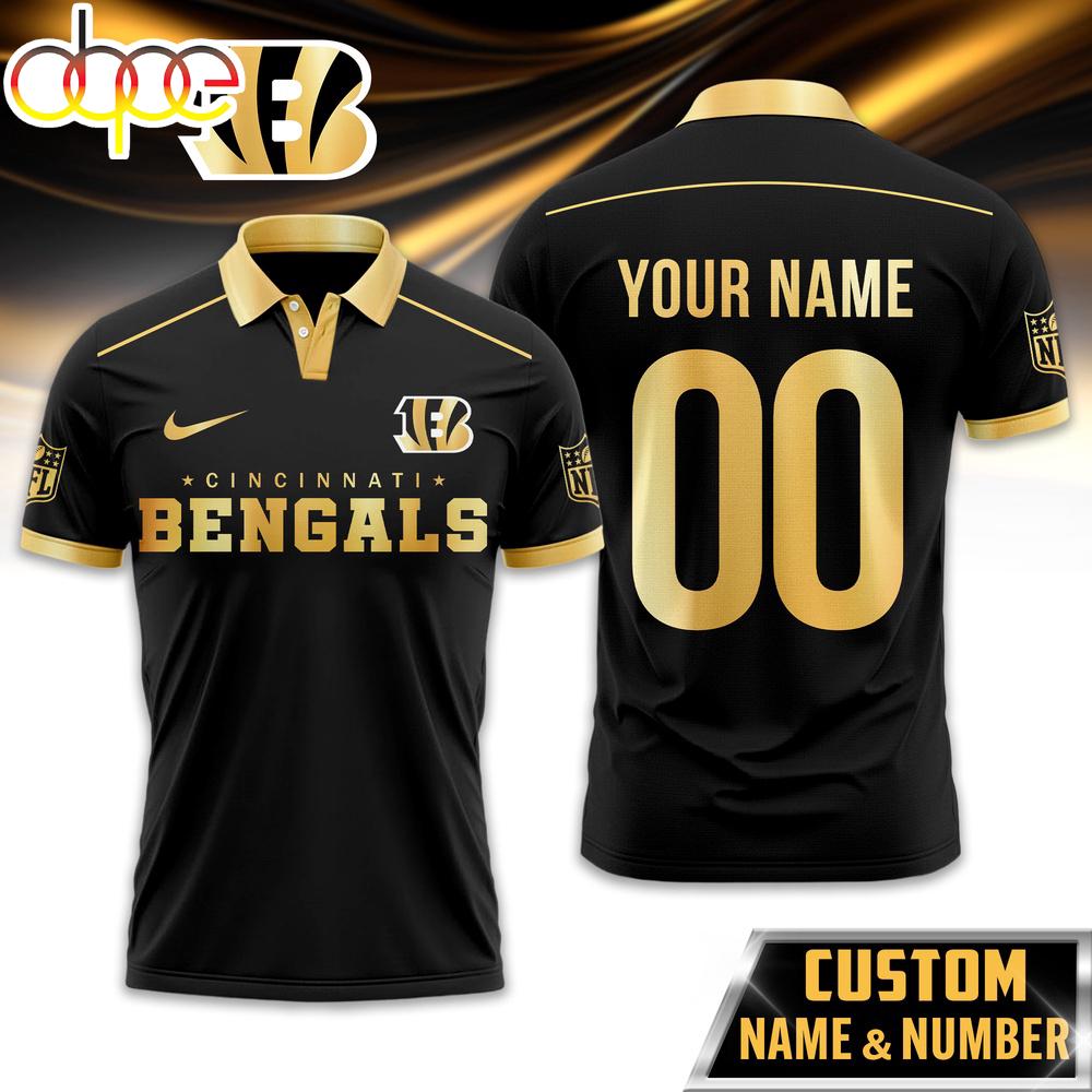 Custom Name Number Cincinnati Bengals NFL Black And Gold Polo Shirt