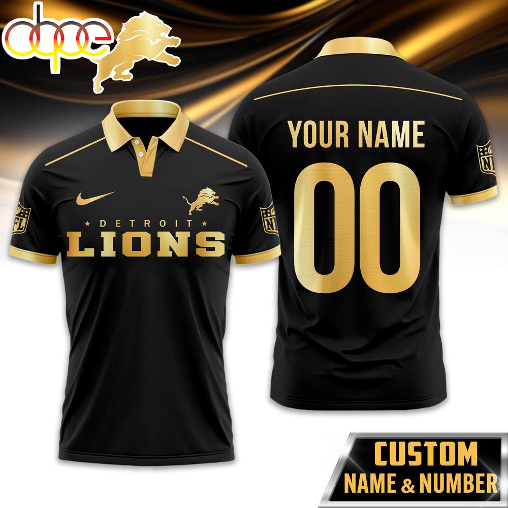 Custom Name Number Detroit Lions NFL Black And Gold Polo Shirt