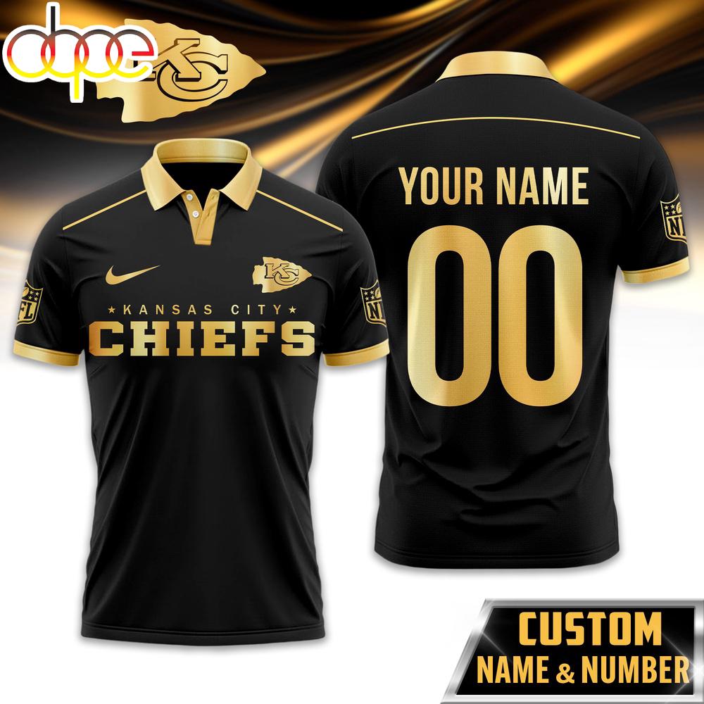 Custom Name Number Kansas City Chiefs NFL Black And Gold Polo Shirt
